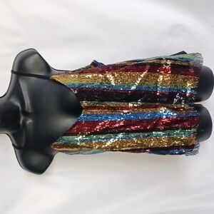 Lavish Sequin Striped Top Raw Hem Waist Adjustable Straps Sz M, 18" PTP x 23"L